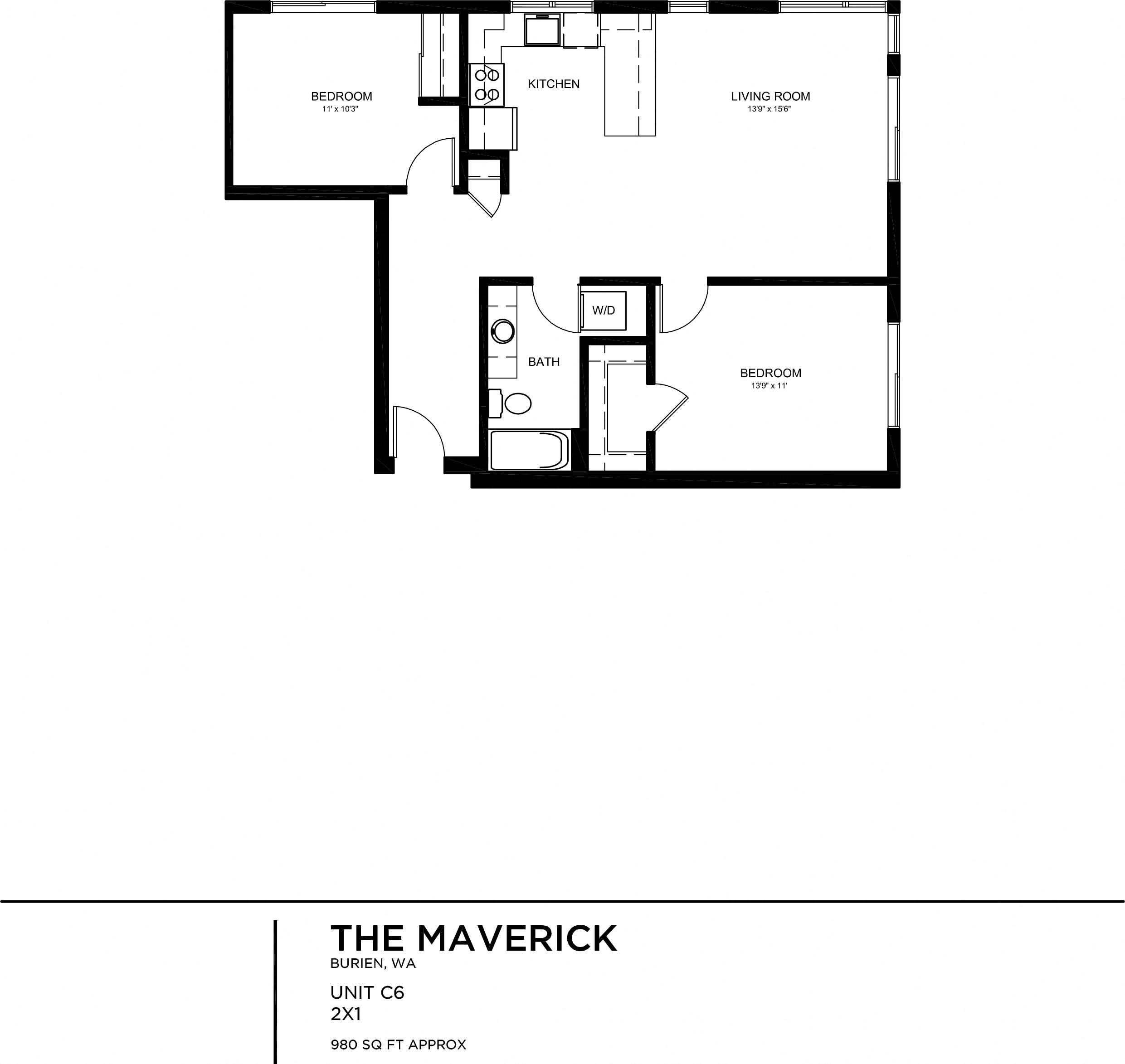 Floor plan for 2 beds, 1 bath, 978 sqft